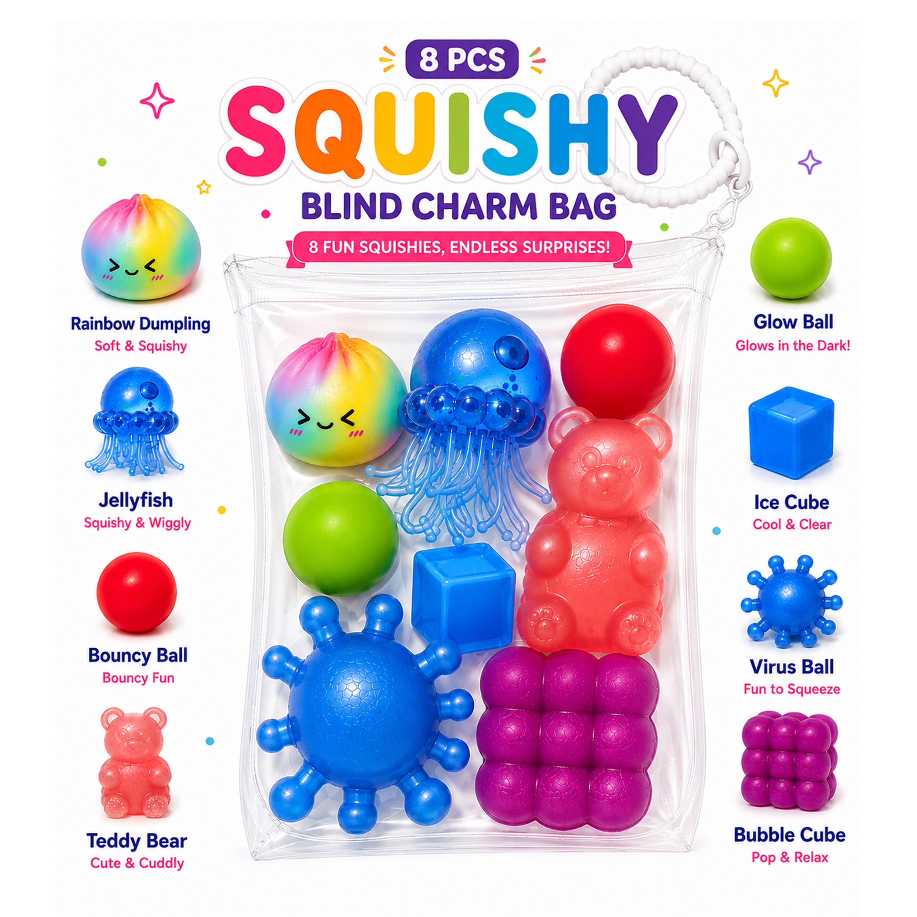 8 PCS Random  Squishies  Charm Bag