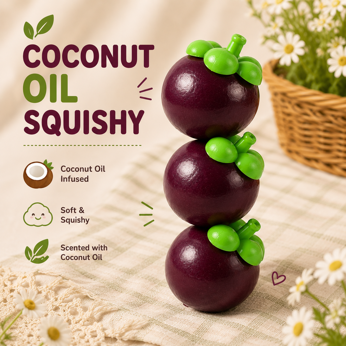 Coconut Oil Mangosteen Squishy– Satisfying Squeeze Toy - 1-PIECE BOX