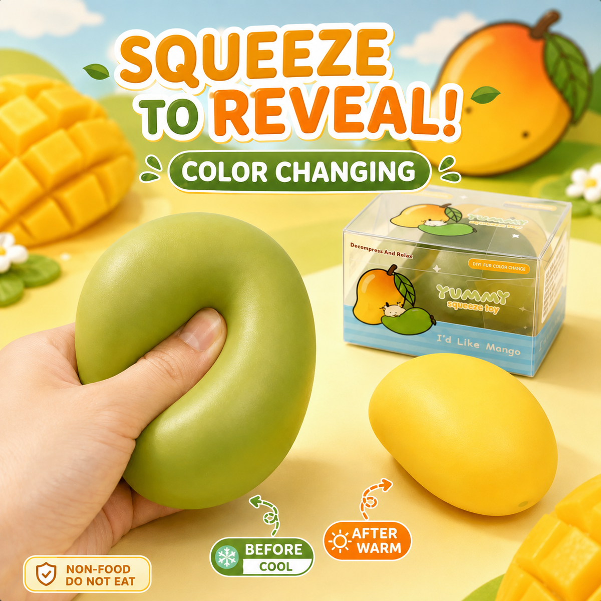 Color Changing Crunchy Mango Squishy – Satisfying Sensory Toy - 1-PIECE BOX